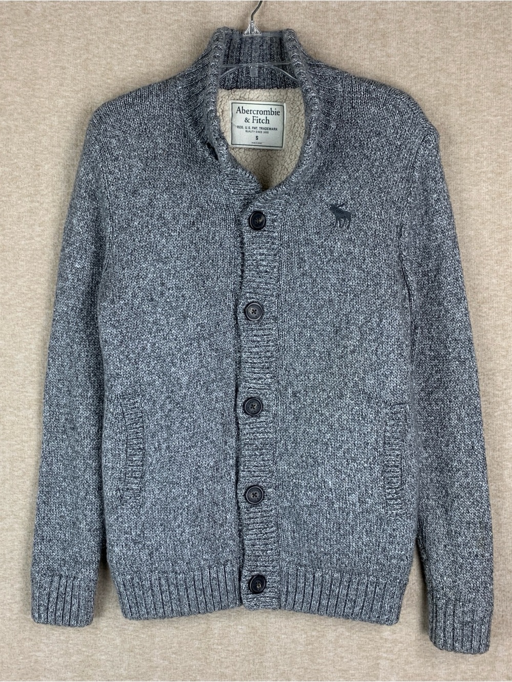 Abercrombie & Fitch Y2K Sweater S Grey Cardigan Chunky Knit Fleece 00s Prep Ivy